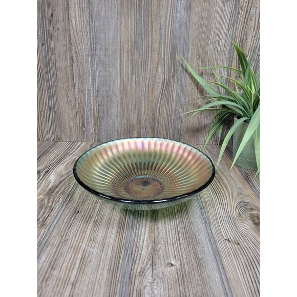 Vintage Stippled Ray Carnival Glass Bowl, Green Gold, Imperial Glass? Northwood? - Picture 1 of 6